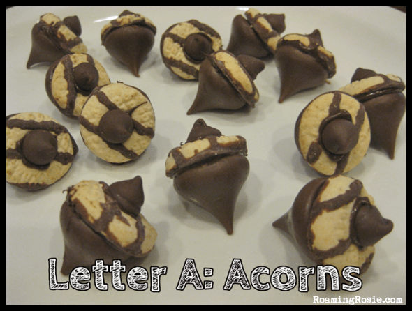Letter A is for Chocolate Acorns {Alphabet Activities at RoamingRosie.com}