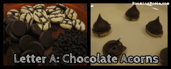 Letter A is for Chocolate Acorns {Alphabet Activities at RoamingRosie.com}