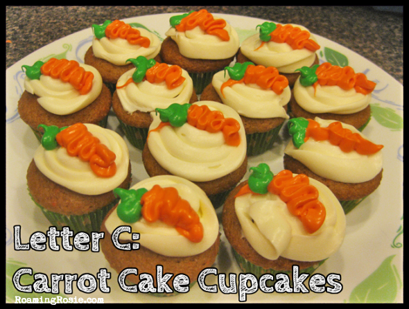 C is for Carrot Cake Cupcakes {Alphabet Activities at RoamingRosie.com}