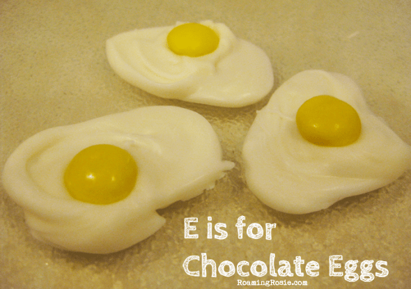 E is for Chocolate Eggs {Alphabet Activities at RoamingRosie.com}