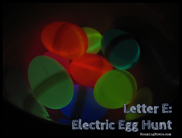 E is for Electric Eggs Hunt {Alphabet Activities at RoamingRosie.com}