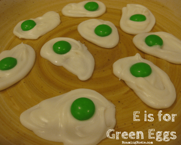 E is for Green Eggs {Alphabet Activities at RoamingRosie.com}