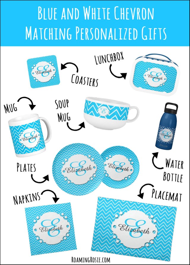 Blue and White Chevron Matching Personalized Monogram Gifts