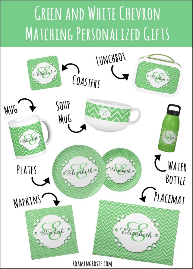 Green and White Chevron Matching Personalized Monogram Gifts