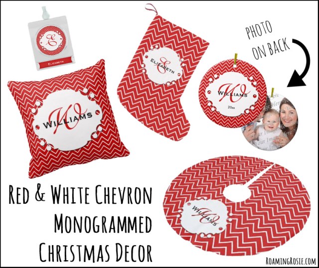 Red and White Chevron Monogrammed Christmas Decor