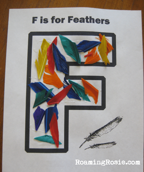 F is for Feathers {Alphabet Activities at RoamingRosie.com} 