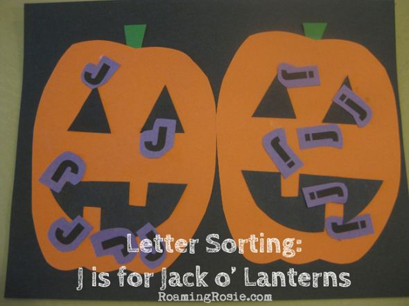 J is for Jack o Lanters Letter Sorting Alphabet Activities from Roaming Rosie