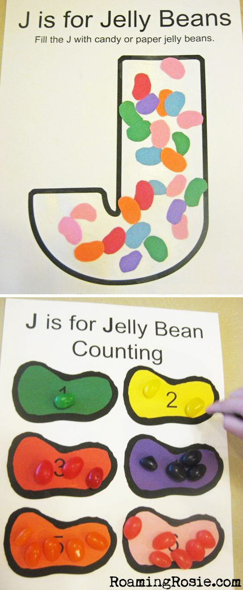 J is for Jelly Beans FREE printable Alphabet Activity Worksheets from Roaming Rosie