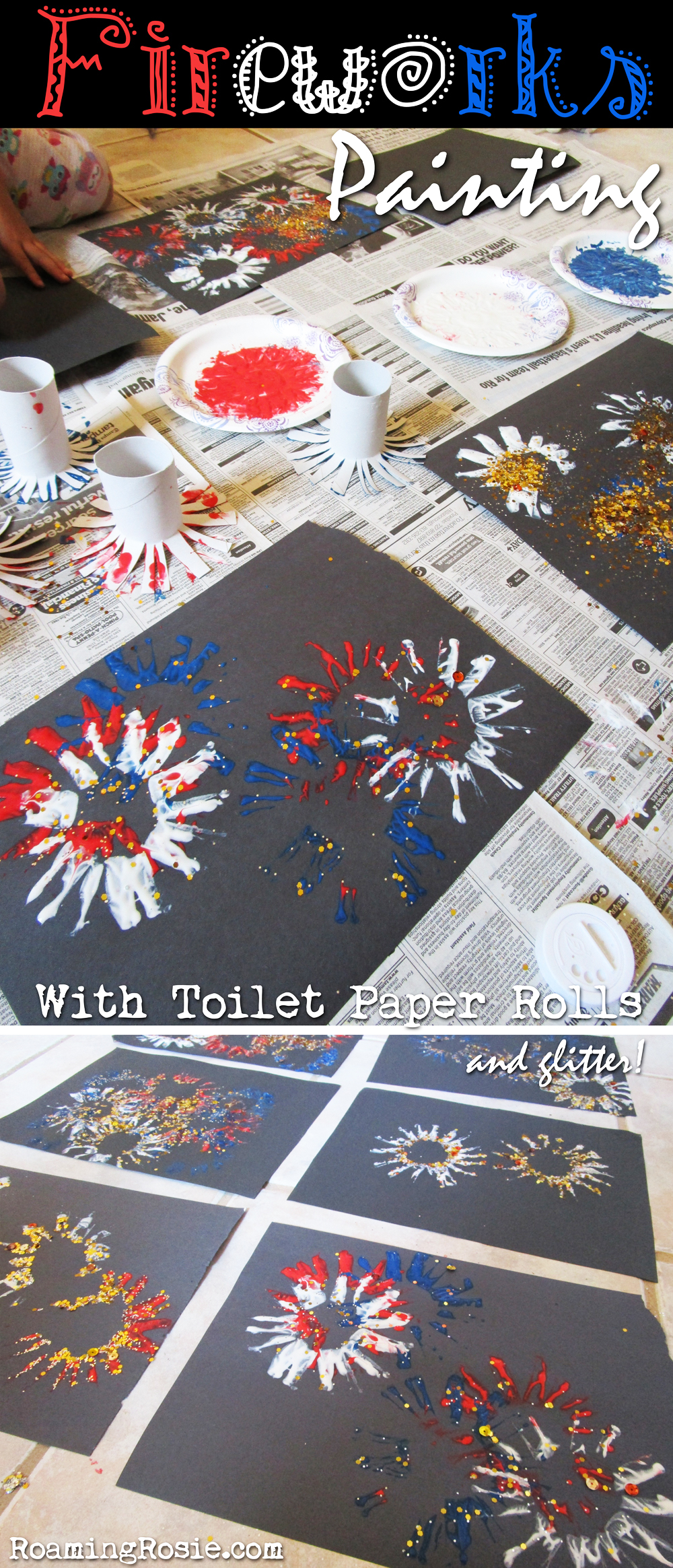 Fireworks Painting with Toilet Paper Rolls and Glitter 1