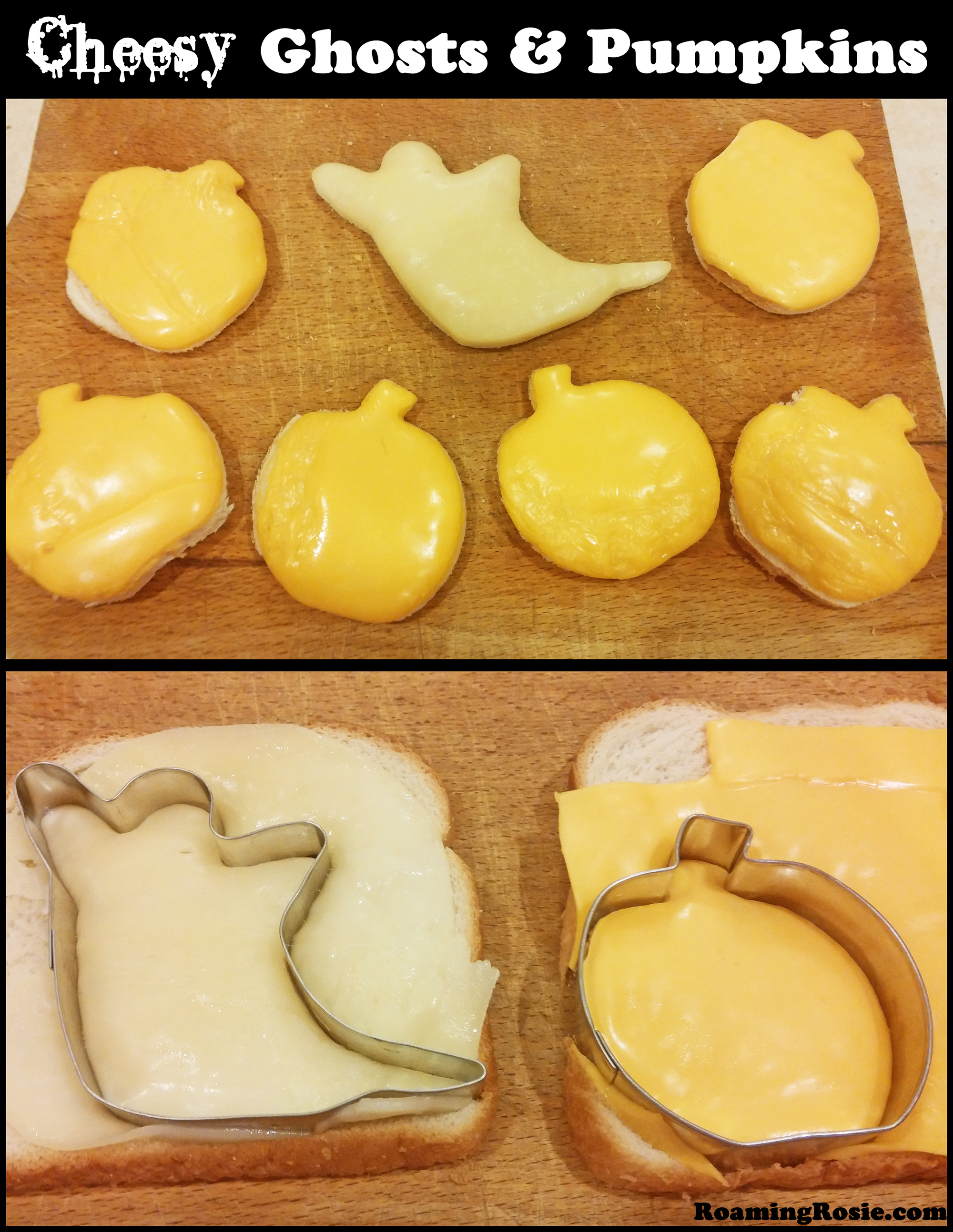 Halloween Cheesy Ghosts and Pumpkins open faced sandwiches