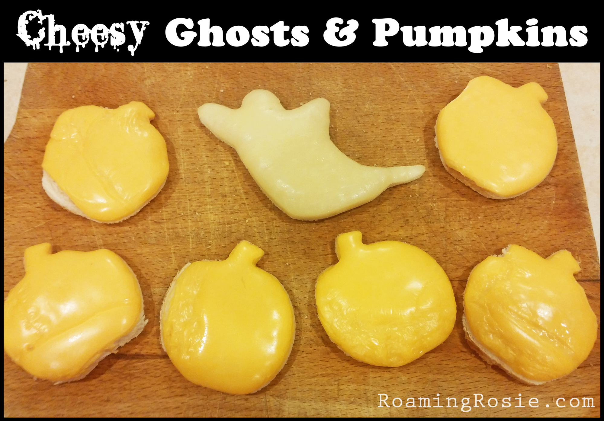Halloween Cheesy Ghosts and Pumpkins open faced sandwiches